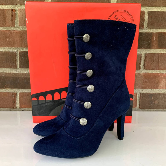 Rialto Shoes - Rialto Women's Chung fabric military navy blue button mid calf boots size US 6 M